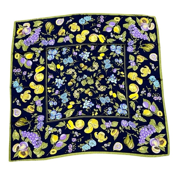 Vintage Silk Scarf – Fruit & Floral Print Navy with Yellow & Purple Accents